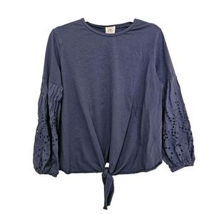 Grace & Emma Eyelet Sleeve Tie Front Top Blouse Womens Size M Cotton Blue Boho